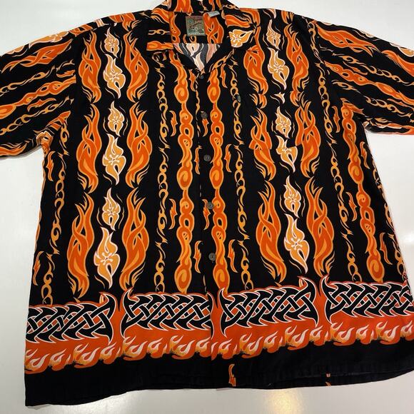 Pineapple Connection Men’s Hawaiian Tribal Flames Short Sleeve Shirt Orange XL - Picture 2 of 7